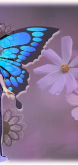 Fairy in purple dress with blue butterfly wings and flowers.