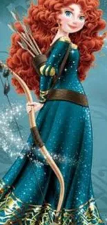 Fantasy archer with a bow in teal dress and fiery curls.