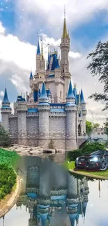 Whimsical castle and car reflection in serene landscape.