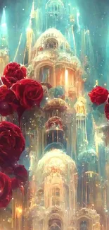 Fairytale castle surrounded by red roses with mystical lighting.