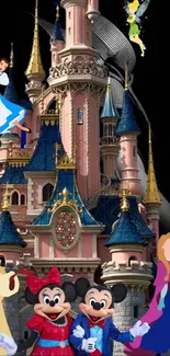 Fantasy castle scene with Disney characters and a dark blue sky.