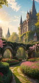 A mystical fairytale castle in a vibrant garden at sunrise.