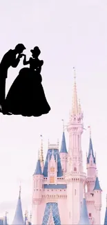 Fairytale silhouette with pastel castle backdrop.