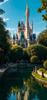 Magical fairytale castle with serene reflections and lush greenery.