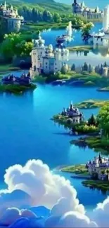 Fairytale castle overlooking tranquil blue lake.