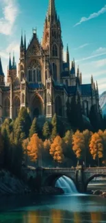 Gothic castle with autumn trees and lake.