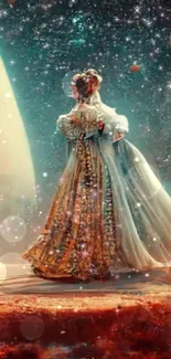 Elegant princess under a starlit sky in a cosmic fairytale setting.