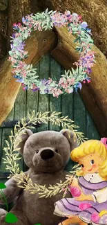 Enchanted door with bear and doll amidst floral wreaths.