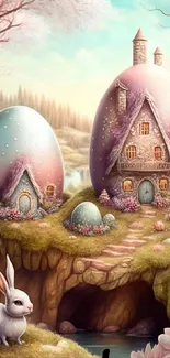 Fairytale village with Easter egg houses and bunny.