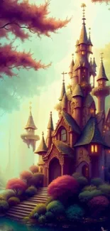 Enchanting fairytale castle in a magical forest with vibrant colors.