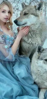 Girl in blue gown with wolves in a winter fairytale scene.