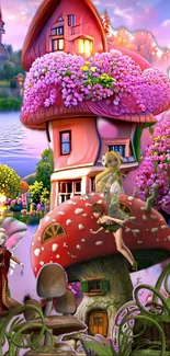 Whimsical fairy tale scene with pink mushroom houses and fairies.