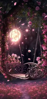 A magical moonlit swing in a garden of pink flowers creates a dreamy atmosphere.