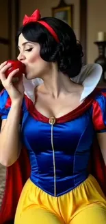 Fairytale princess in vibrant costume enjoying an apple in a classic setting.