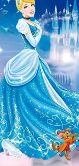 Fairytale princess in blue gown with castle and mice.