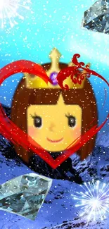 Crowned princess emoji surrounded by sparkling diamonds and snow on blue background.