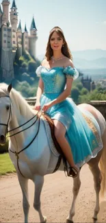 Princess in blue dress on a horse by a castle.