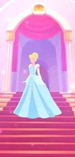 Fairytale princess standing on elegant castle stairs in dreamy pastel colors.