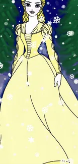 Illustrated princess in yellow gown in a snowy forest at night.