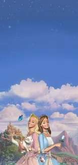 Mobile wallpaper with princesses, butterflies, and a castle under a blue sky.