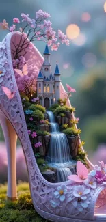 Magical shoe shaped into a castle with waterfall and pink flowers.