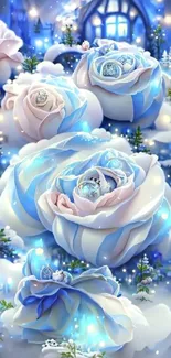 Whimsical winter roses with festive decor in blue and pink hues.