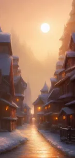 Fairytale village at dusk with snow and glowing orange sunset.