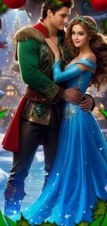 Romantic couple in a winter fantasy wonderland with blue and green attire.