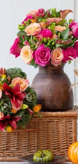 Fall floral arrangement with pumpkins and vibrant flowers.