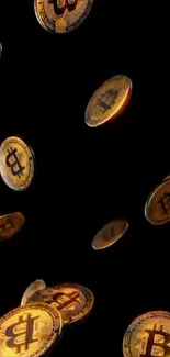 Falling Bitcoin coins on a black background.