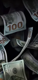Artistic design of falling U.S. dollar bills on a phone wallpaper.