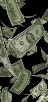 Animated wallpaper of falling dollar bills on a black background.