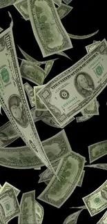 Wallpaper of falling dollar bills on a black background.