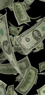 Cascading dollar bills on black background wallpaper.