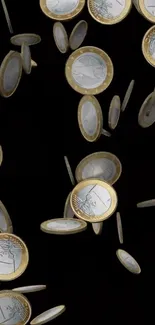 Dynamic mobile wallpaper of euro coins falling on a black background.