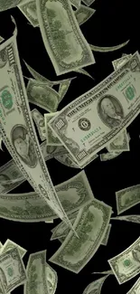 Falling dollar bills against a black backdrop, creating a dynamic wallpaper.