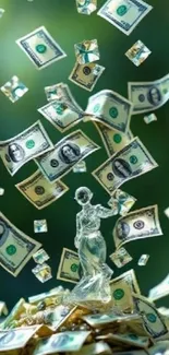Glass statue surrounded by falling dollar bills on green background.
