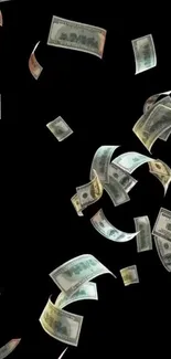 Falling dollar bills against a black background for a mobile wallpaper.