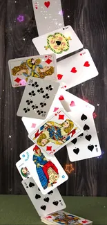 Mobile wallpaper of cascading playing cards with vivid suits.