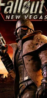 Fallout New Vegas warrior with revolver in dramatic sunset.