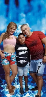 Family enjoying an adventurous moment in front of a vibrant blue water backdrop.