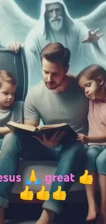 Family reading together with guardian angel in blue-gray tones.