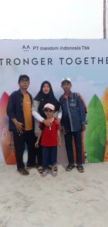 Family posing at a beach event with colorful surfboards.