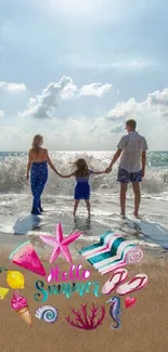 Family enjoying a beach sunset with waves and clear sky.