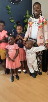 Joyful family group with colorful outfits.