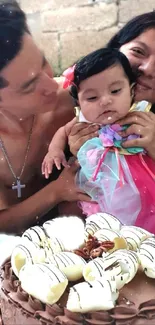 Family celebrating with baby and cake.