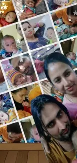 Vibrant family photo collage wallpaper with star effects.