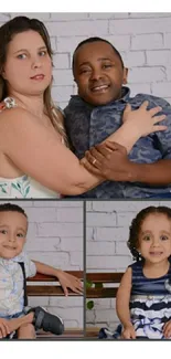 Family collage with a white brick wall background and smiling children.