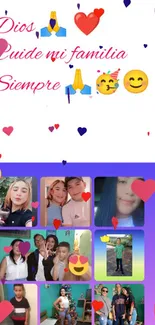 Family collage wallpaper with colorful emojis and a prayer theme.