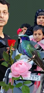 Family collage wallpaper with flowers and a hummingbird.